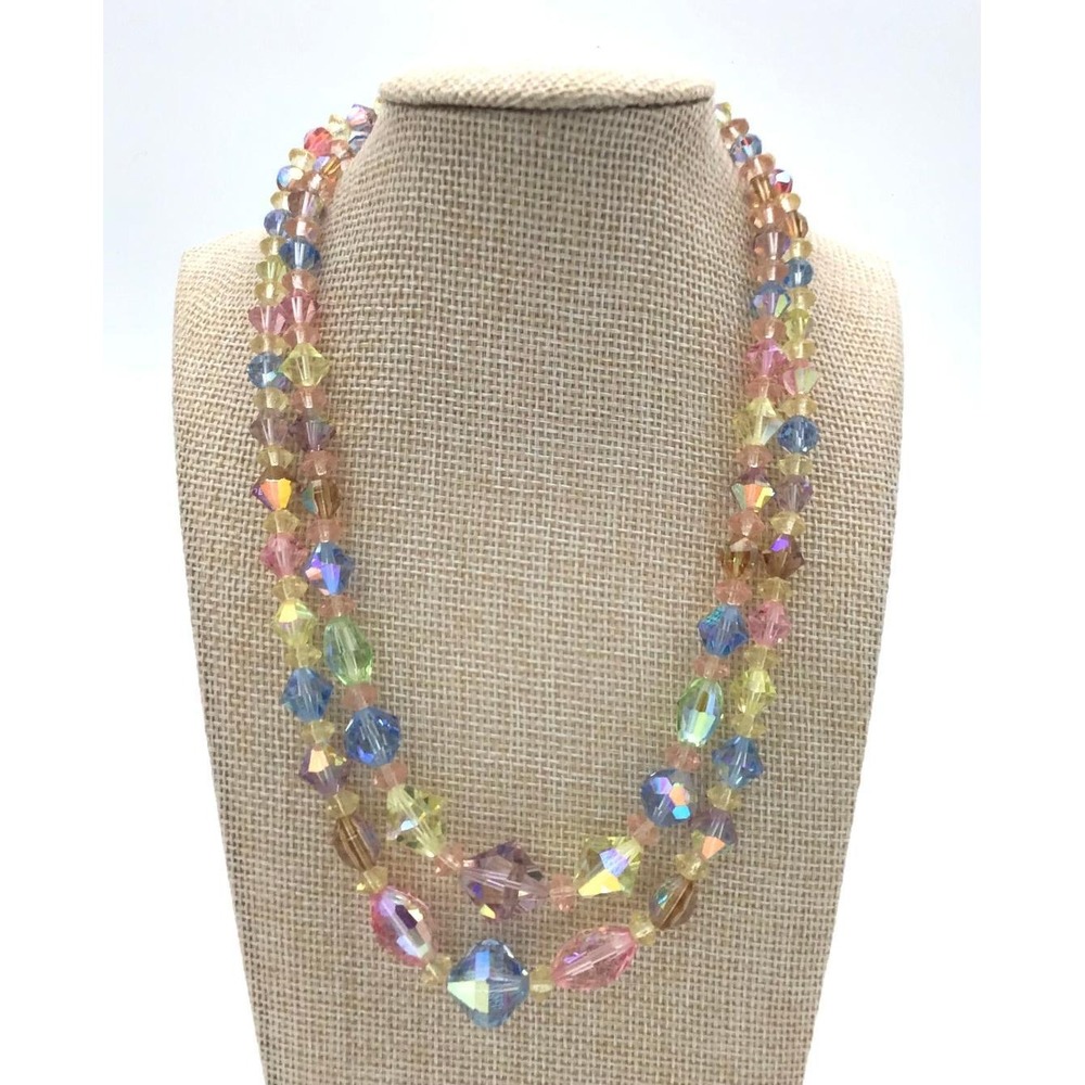 Vintage Aurora Borealis Crystal Bead Double Strand Necklace Pastel Rainbow 16" - Picture 3 of 7